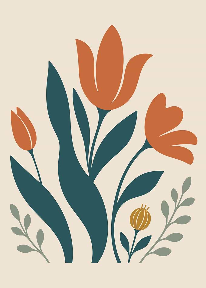 Scandinavian Tulip Wall Art – Mid-Century Folk Botanical Poster