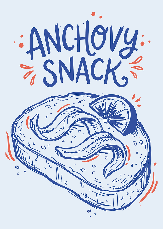 Anchovy Snack Whimsical Hand Drawn Food Illustration Poster Wall Art Kitchen Decor Print