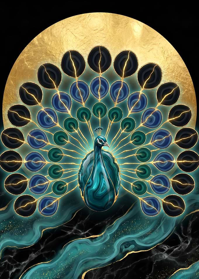 Peacock with Golden Sun and Marble Background