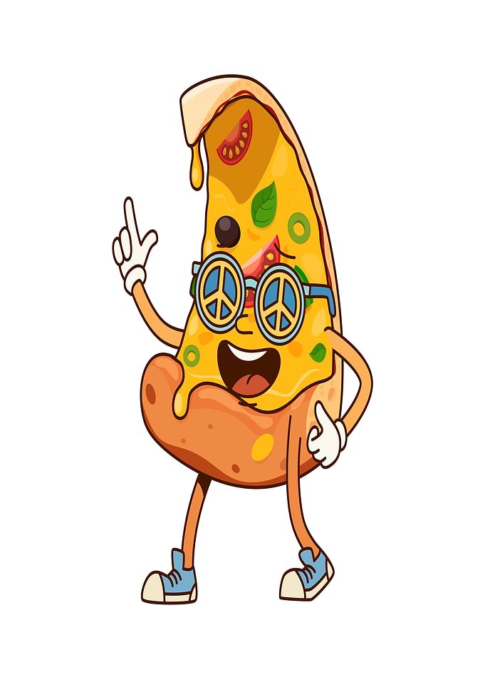Cartoon Pizza Character with Peace Sign Glasses