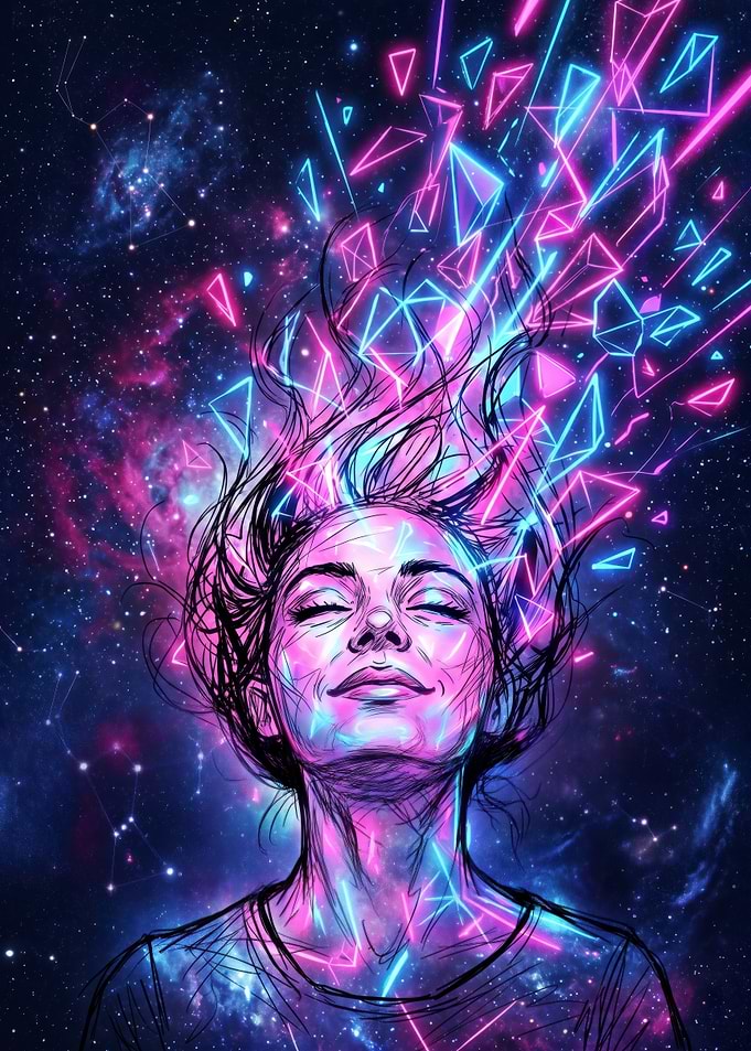 Woman's Head Exploding with Cosmic Energy