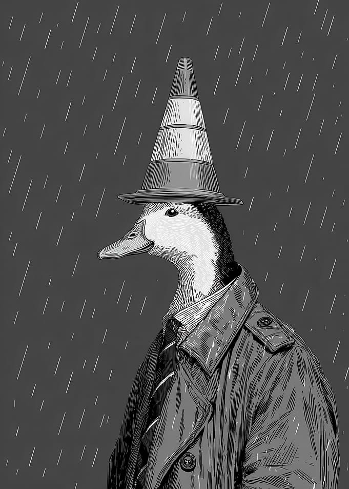 Duck in a Trench Coat and Traffic Cone Hat