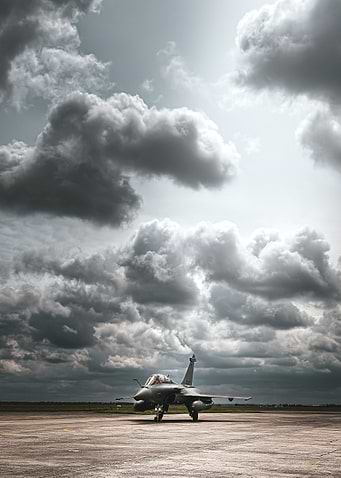 Rafale B on Tarmac Under Stormy Skies
