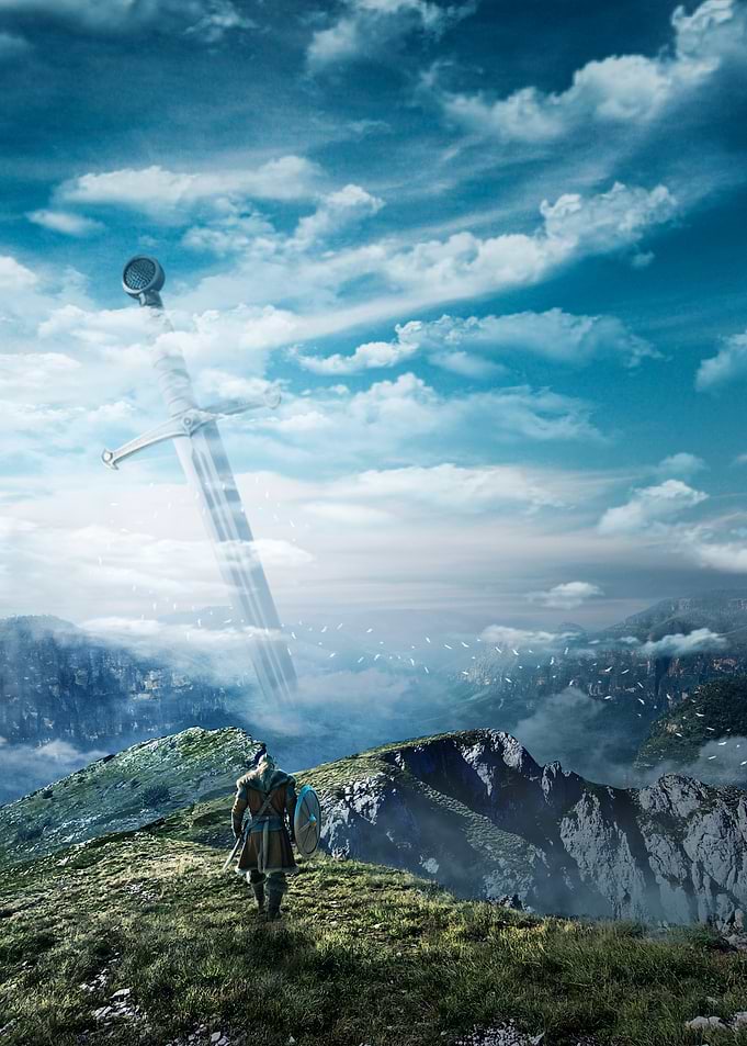 Warrior Gazes at Giant Sword in Sky