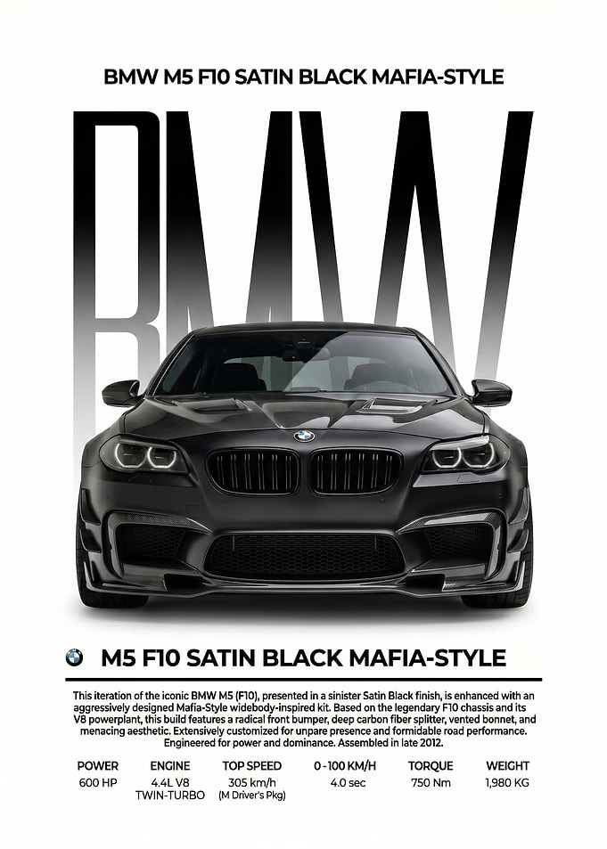 striking bmw n5 f0 Satin Black Mafia car poster
