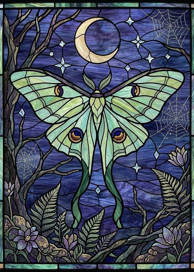Stained Glass Luna Moth and Moon