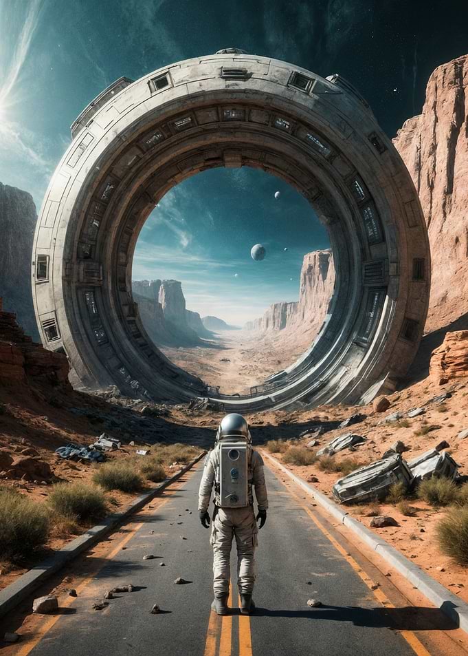 Astronaut stands before a cosmic portal