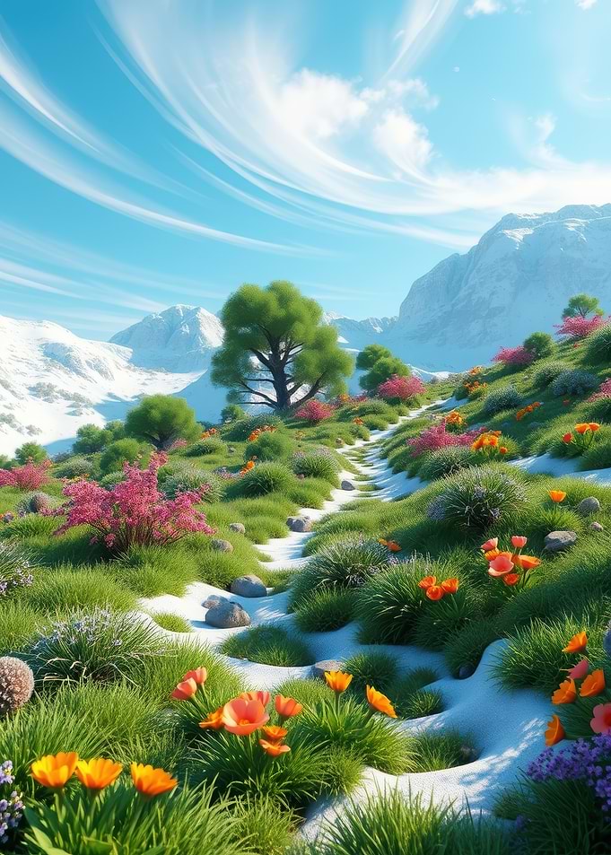 Spring Mountain Landscape with Flowers