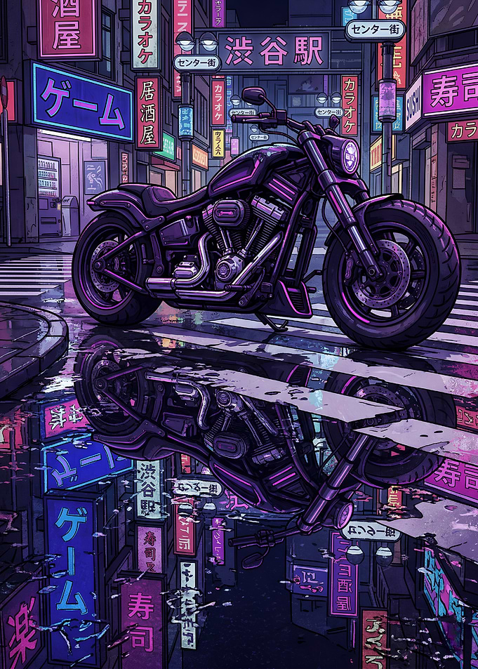 Purple Neon Motorcycle Reflection Art Print