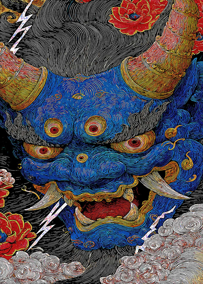 Blue Oni Mask with Flowers and Lightning