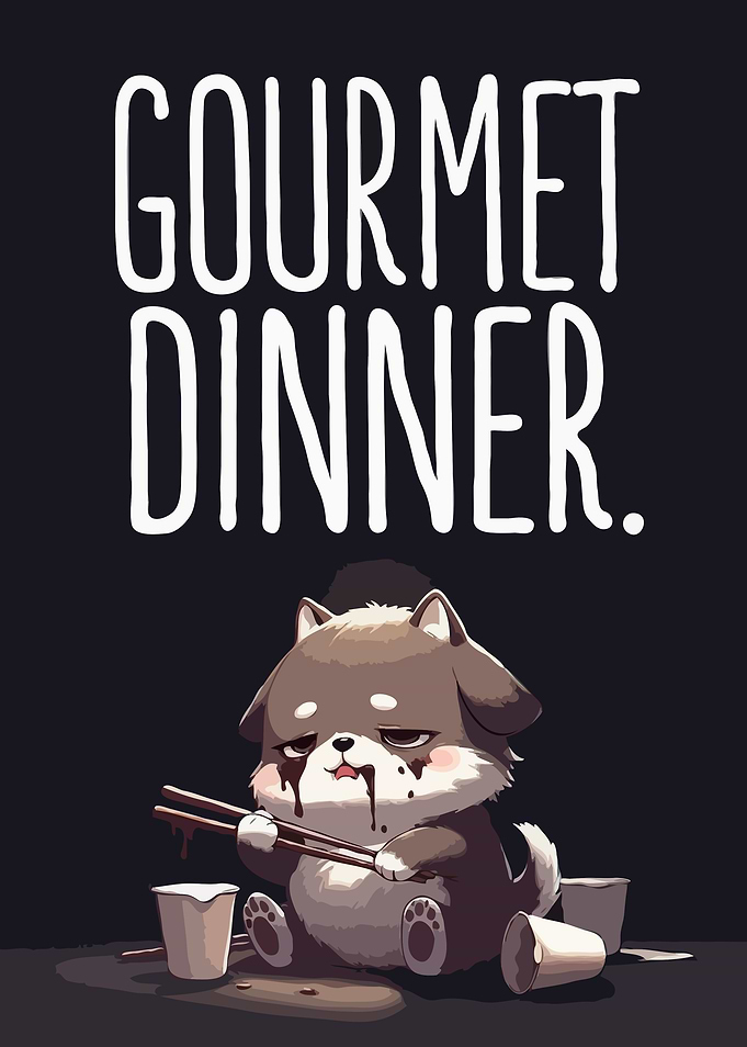 Sad Dog Eating Gourmet Dinner
