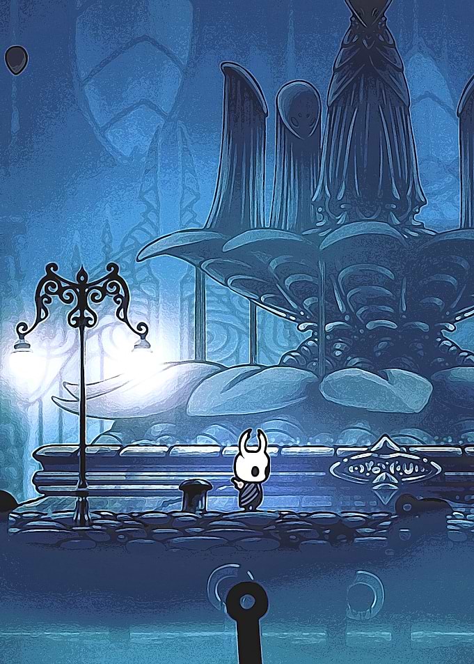 Hollow Knight Character in Blue Cityscape