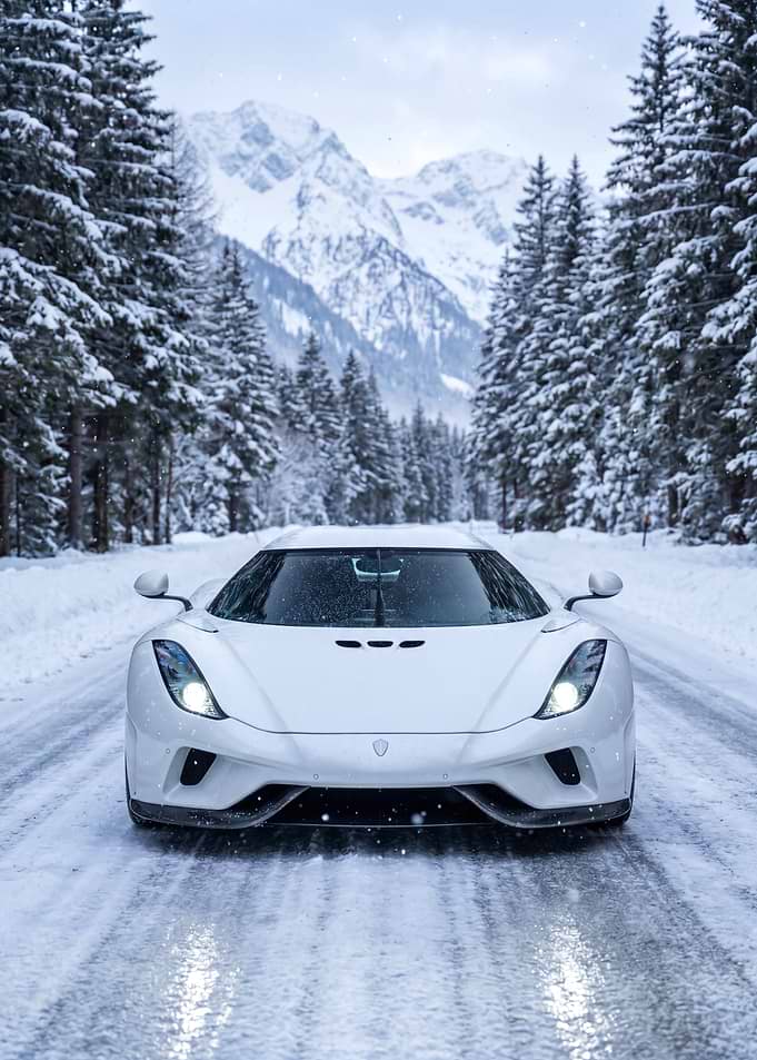 White Koenigsegg Regera Car Snow