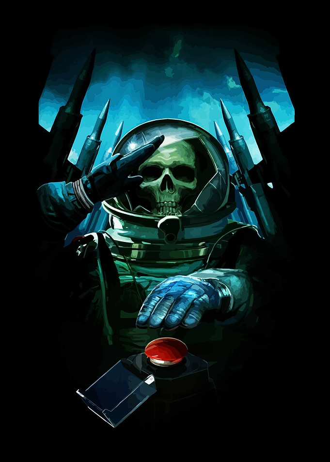 Skeleton Astronaut Salutes Missile Button
