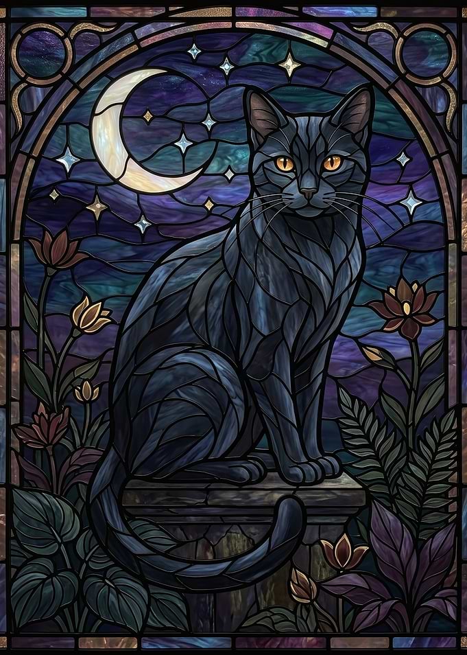 Stained Glass Black Cat with Moon and Stars