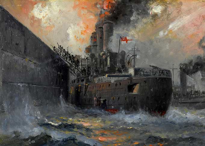 The 'Vindictive' at Zeebrugge, the Storming of Zeebrugge Mole by Charles John de Lacy WW1 Historical Painting