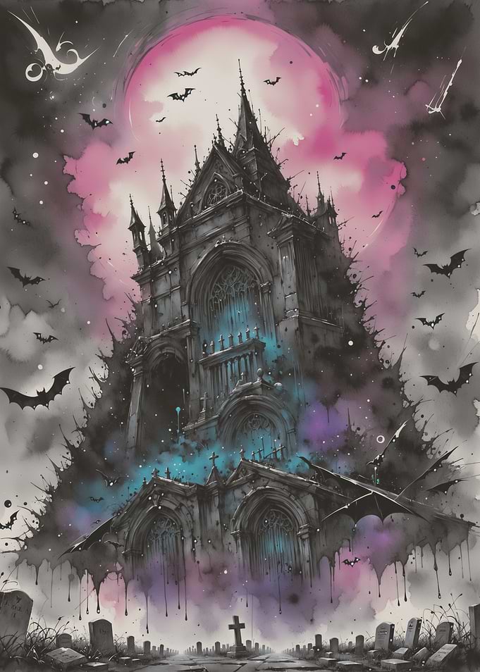 Gothic Castle with Pink Moon and Bats