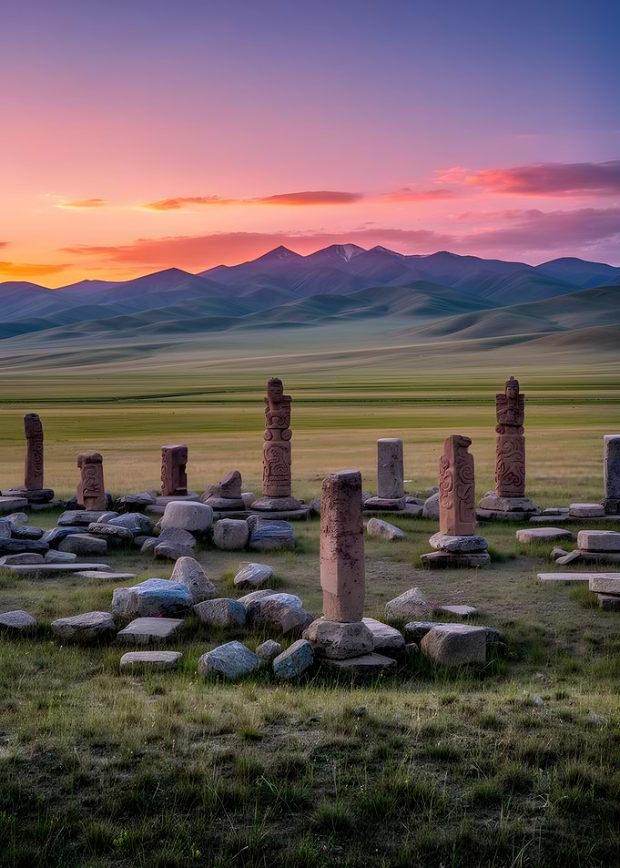 Ancient Stone Pillars at Sunset