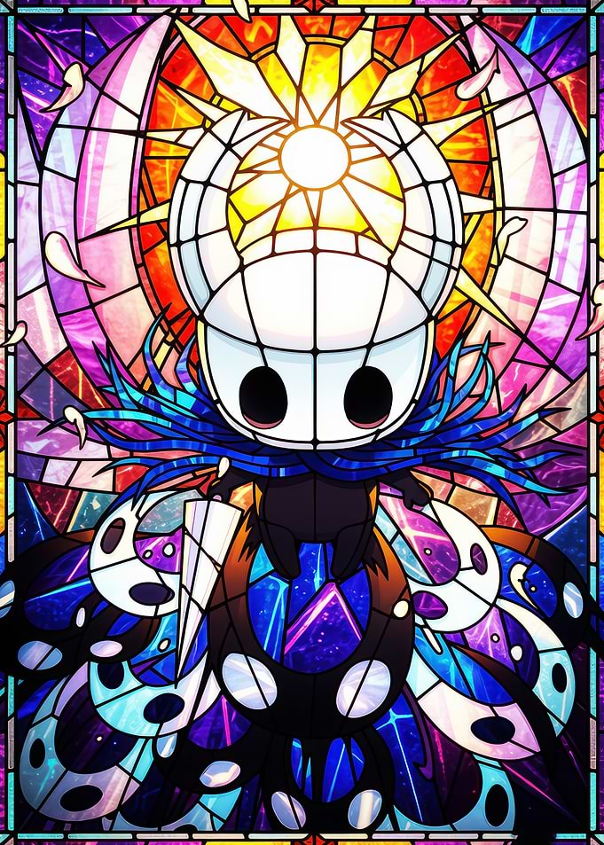 Stained Glass Hollow Knight with Sun Background