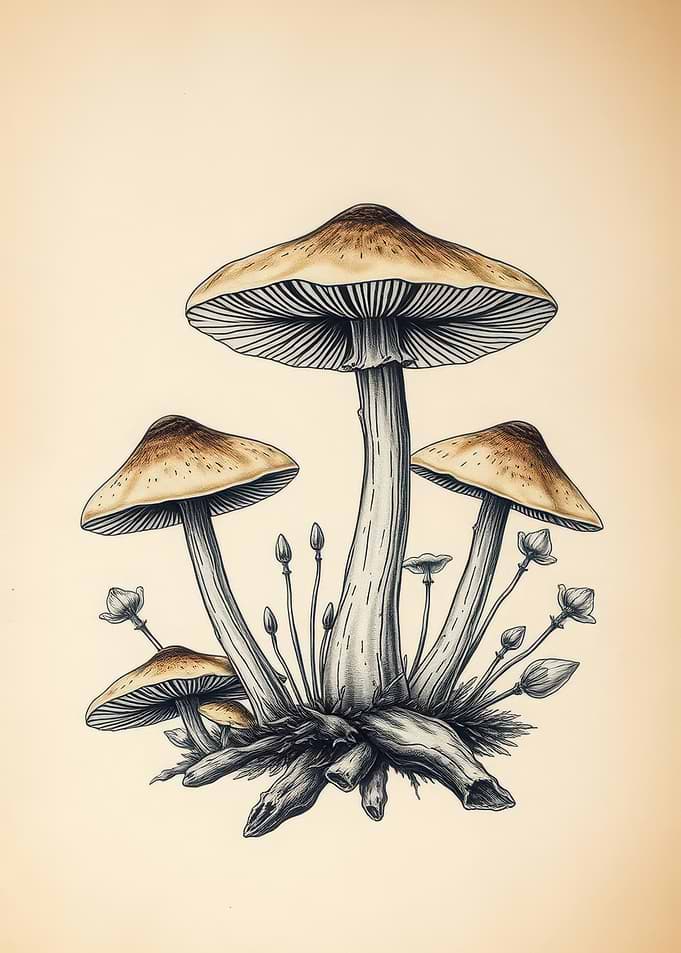 Botanical Illustration of Mushrooms