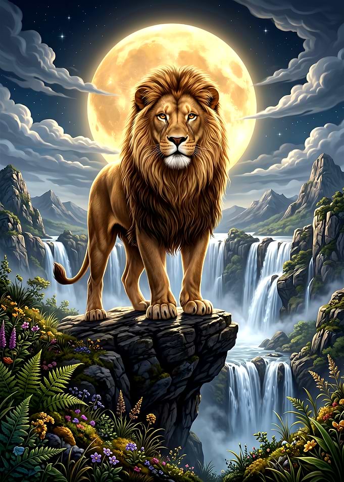 Majestic Lion on Cliff Overlooking Waterfalls