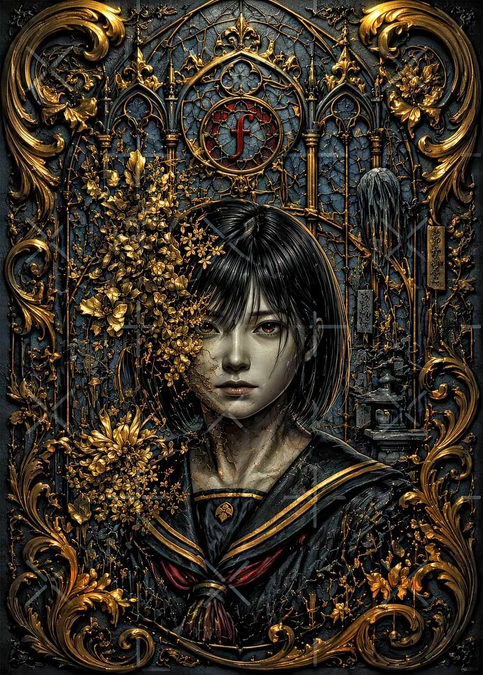 Gothic Anime Girl with Golden Ornate Frame