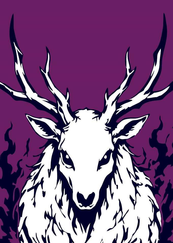 White Stag with Antlers and Flames