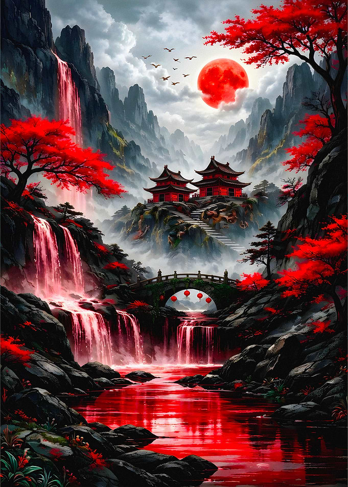 Enchanting Japanese Landscape with Red Moon