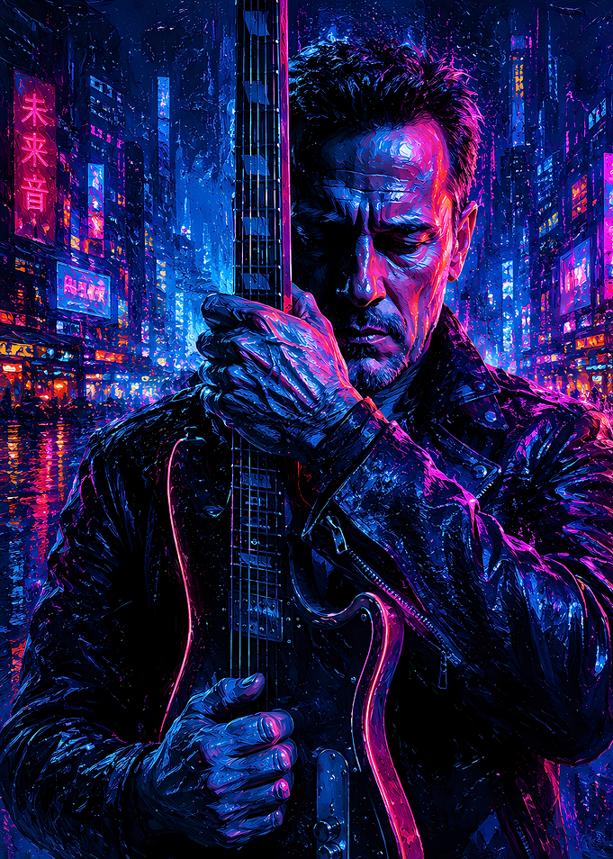 Man with Guitar in Neon City