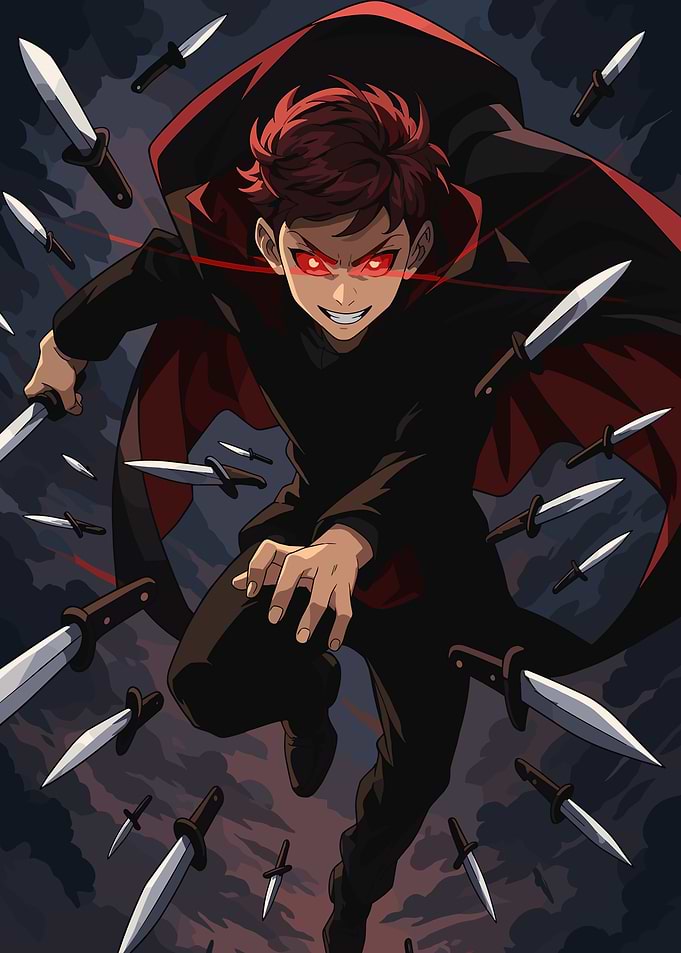 86 Anime character with glowing eyes and knives