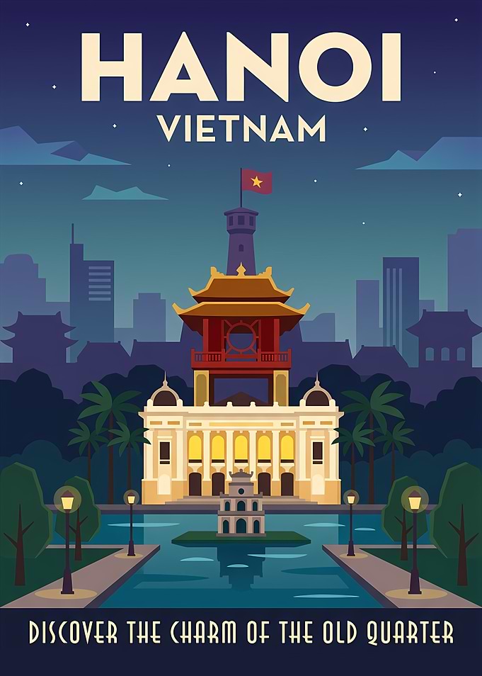 Hanoi Vietnam Vintage Travel Poster