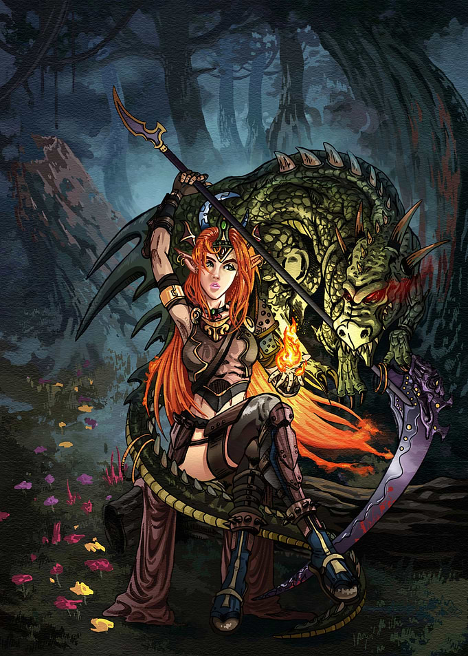 Elf Warrior with Dragon and Scythe