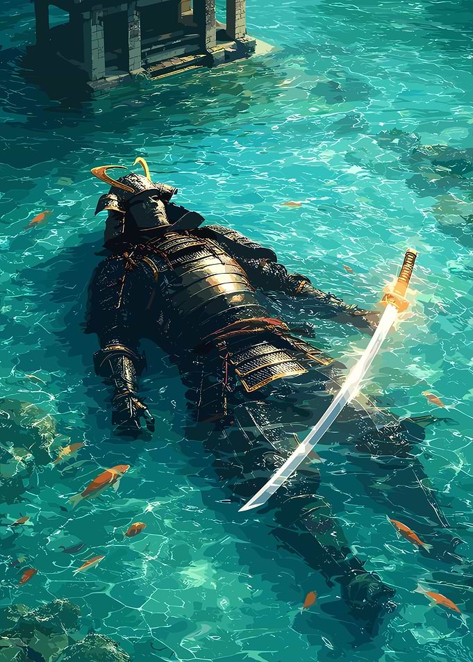 Samurai Floating in Water with Koi Fish
