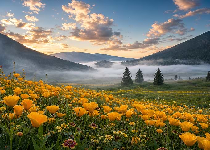 Field of yellow flowers at sunrise nature
