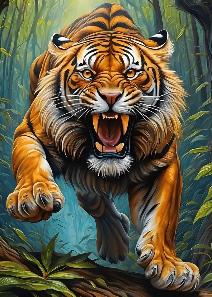 Fierce Tiger Roaring in Jungle