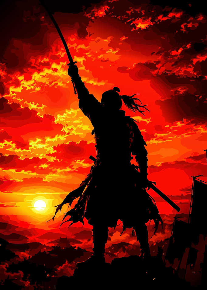 Samurai Silhouette Against Fiery Sunset