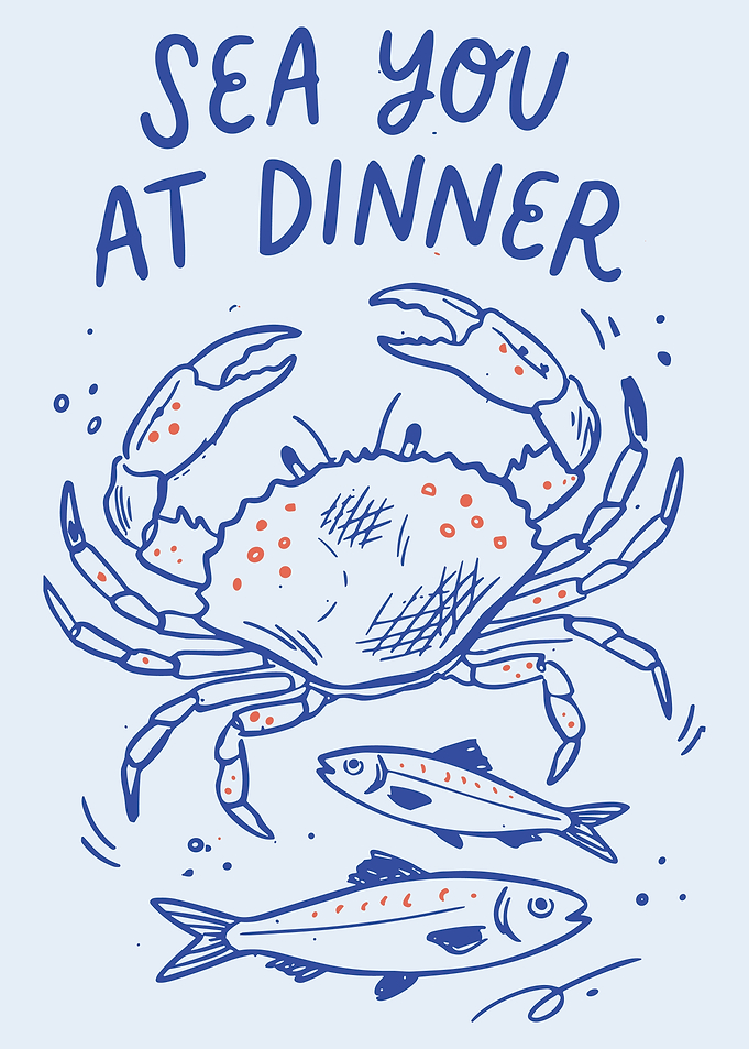 Whimsical Blue Crab Ocean Wall Art Poster – Playful Underwater Fish Illustration