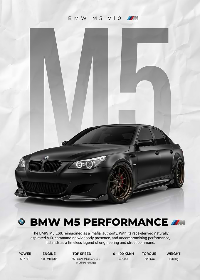 sleek Matte Black bmw m5 e60 car Poster