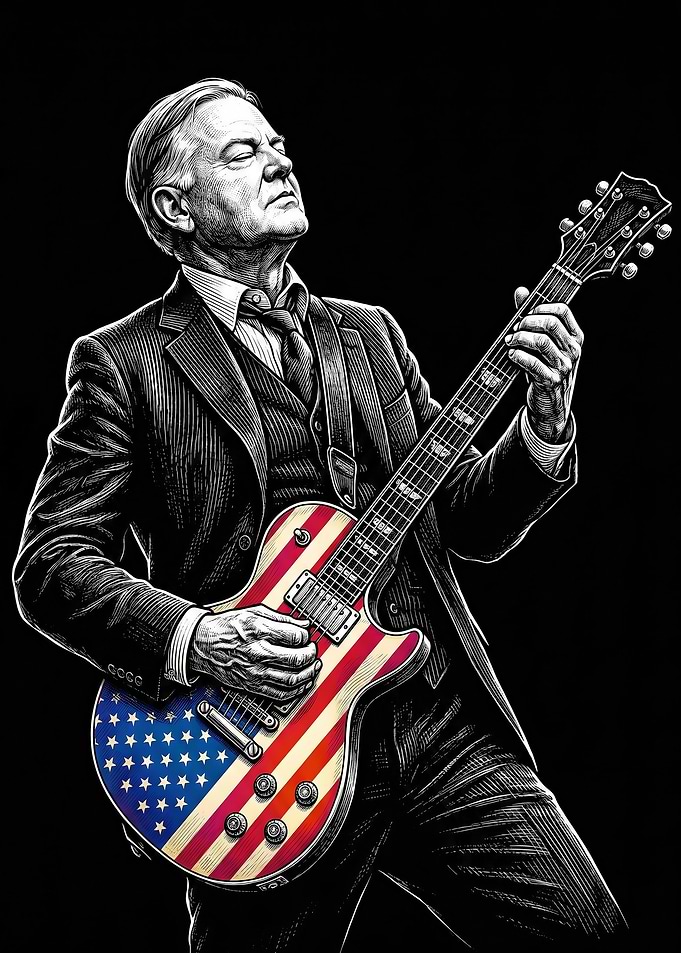 Herbert Hoover Playing Guitar with American Flag