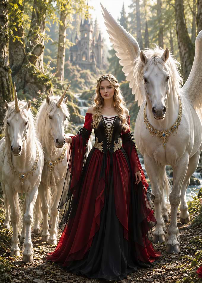 Fantasy Princess with Unicorns and Pegasus