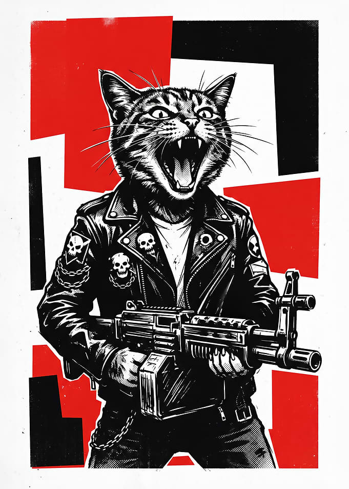 Punk Cat with Machine Gun