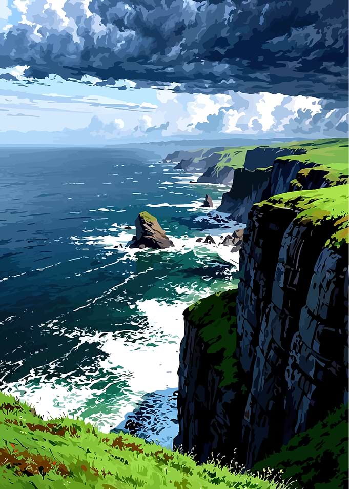 Dramatic Coastal Cliffs Under Stormy Skies