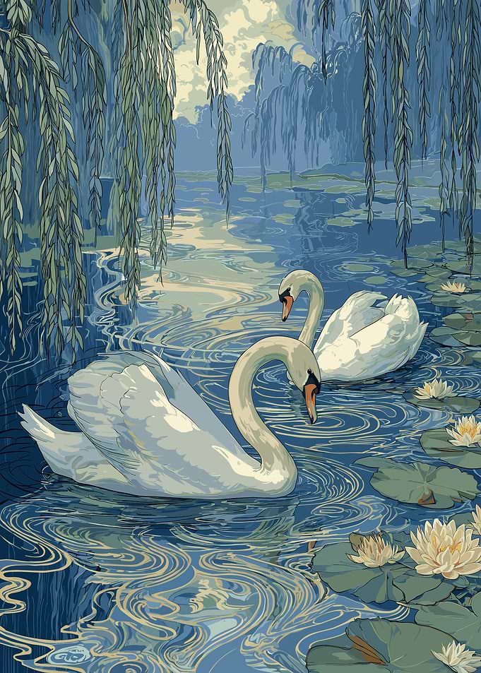 Two Swans on a Lily Pond