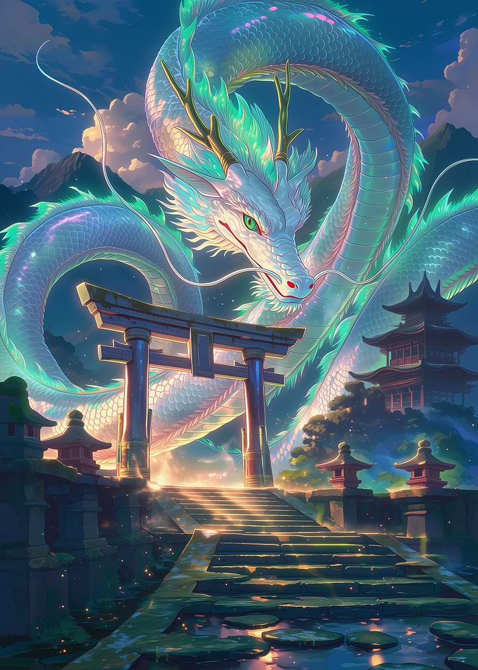 Celestial Japanese Dragon Over Torii Gate