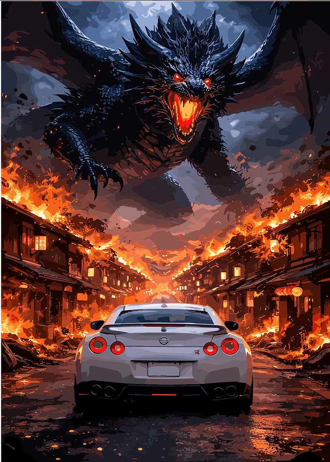 Dragon Over Burning City with Sports Car