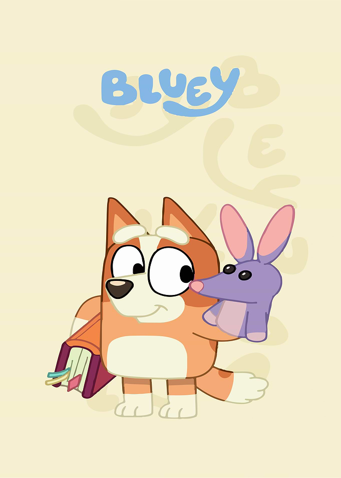 Bluey with a book and puppet
