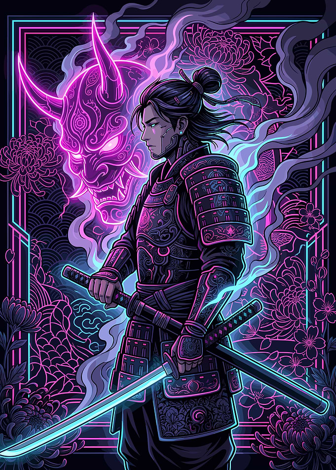 Neon Samurai with Oni Mask