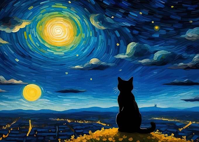 Black Cat Gazing at Starry Night Sky