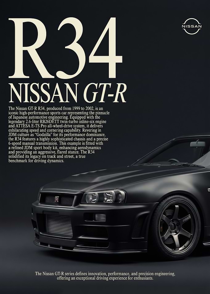 dark black Nissan GT-R R34 car poster