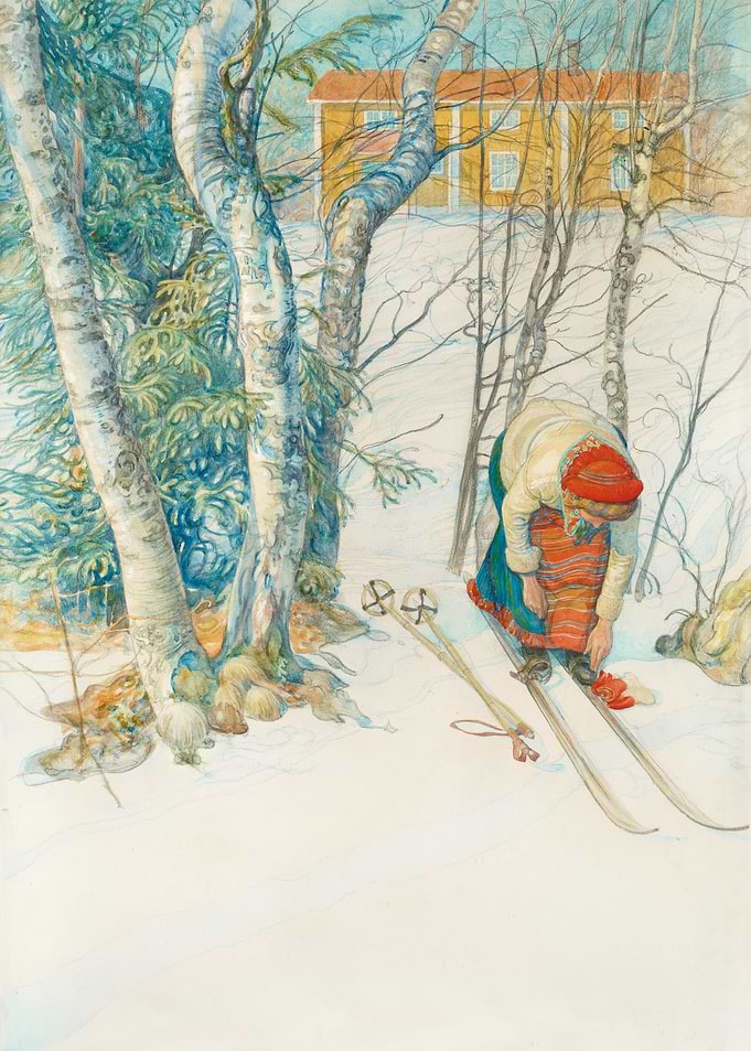 Carl Larsson, Girl Putting on Skis (1911)